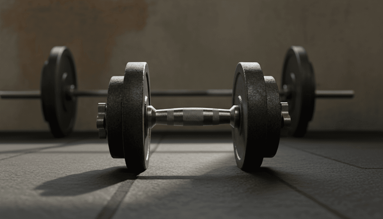 Heavy dumbbell resting on a rubber mat in a clean home gym