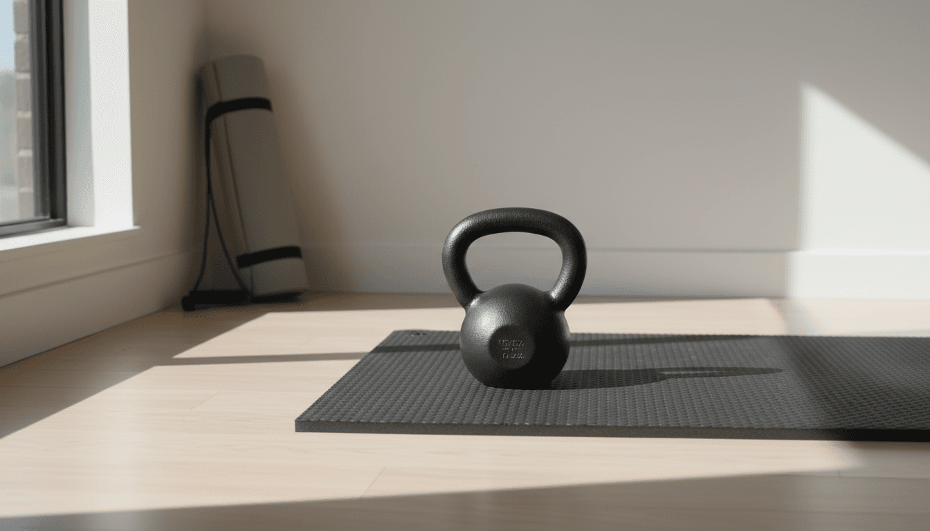Kettlebell on a rubber mat in a home gym with natural light coming through a window