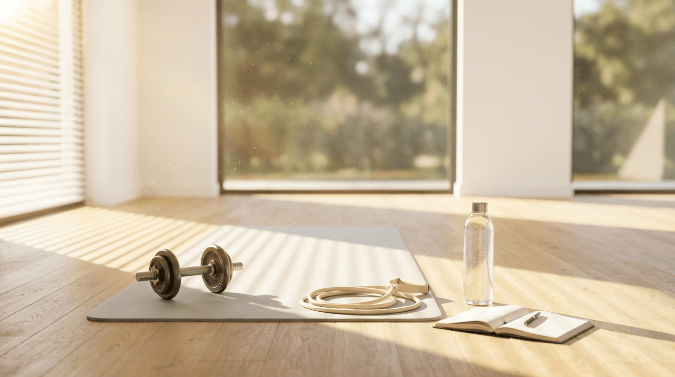 Bright home gym with dumbbells, resistance bands, and water bottle in natural morning sunlight with shadow patterns.